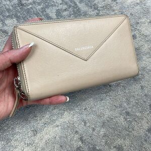 Balenciaga Cream Beige Leather Zip Around Long Wallet Designer Envelope Papier